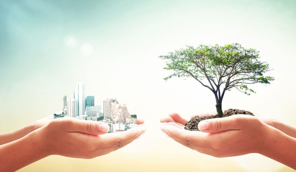 Comparison between urban development and nature, with two pairs of hands on each side. On the left, corporate buildings symbolize progress, while on the right, a mature tree represents environmental sustainability. Relevant to ESG consultant considerations.